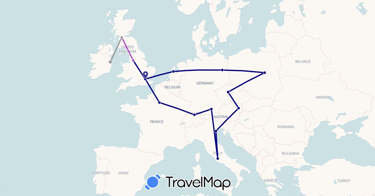 TravelMap itinerary: driving, plane, train in Austria, Switzerland, Czech Republic, Germany, France, United Kingdom, Ireland, Italy, Netherlands, Poland (Europe)
